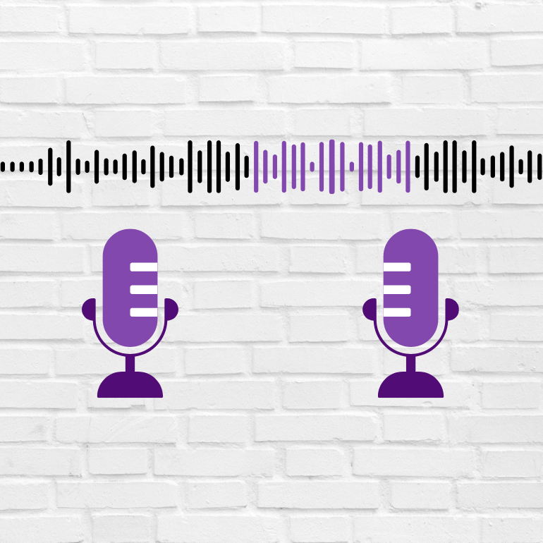 Podcast microphone in front of a white brick wall with purple sound waves behind