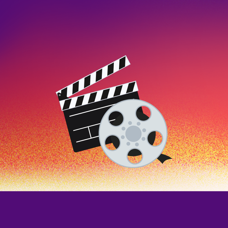A clapperboard and film reel in front of a yellow and red gradient background