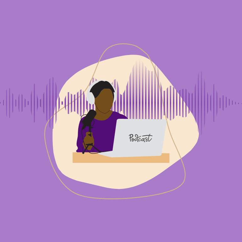 Woman in purple shirt, wearing headphones, holding microphone in front of a computer. Behind her is an image of a sound wave.