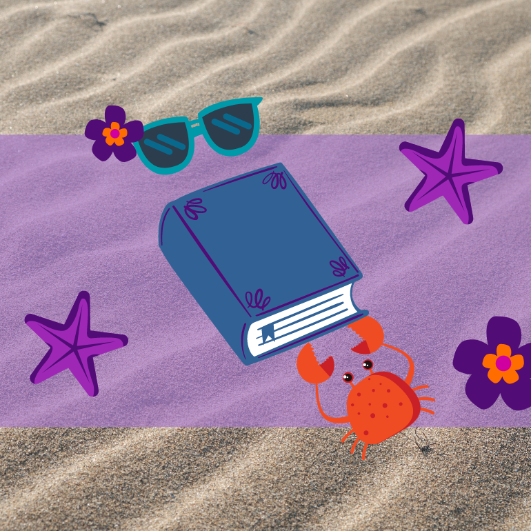 beach scene with orange crab, purple beach ball, and blue sunglasses in the sand