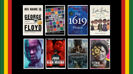 Six images of books and movies by Black authors featuring Black characters