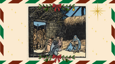 A woodcut nativity scene from a 1912 book in the St. Thomas rare books collection