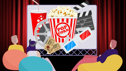 a group of students sit in front of a movie screen with popcorn