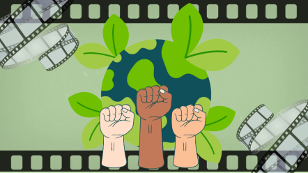 film reels behind a cartoon world with fists raised 