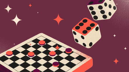 a checker board and dice in a maroon retro style