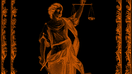 a neon orange classical Greek statue of justice against a black background