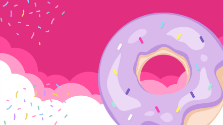 cartoon of a donut with lavender frosting and hot pink sprinkles 