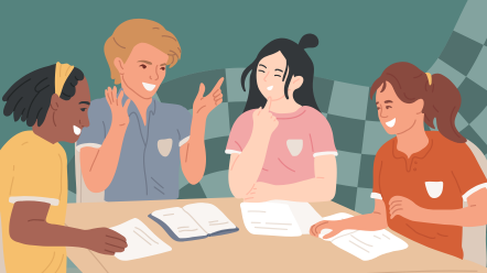 Four friends sit around a table, chatting and working on school work 