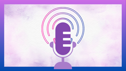 a purple microphone in front of cotton candy clouds