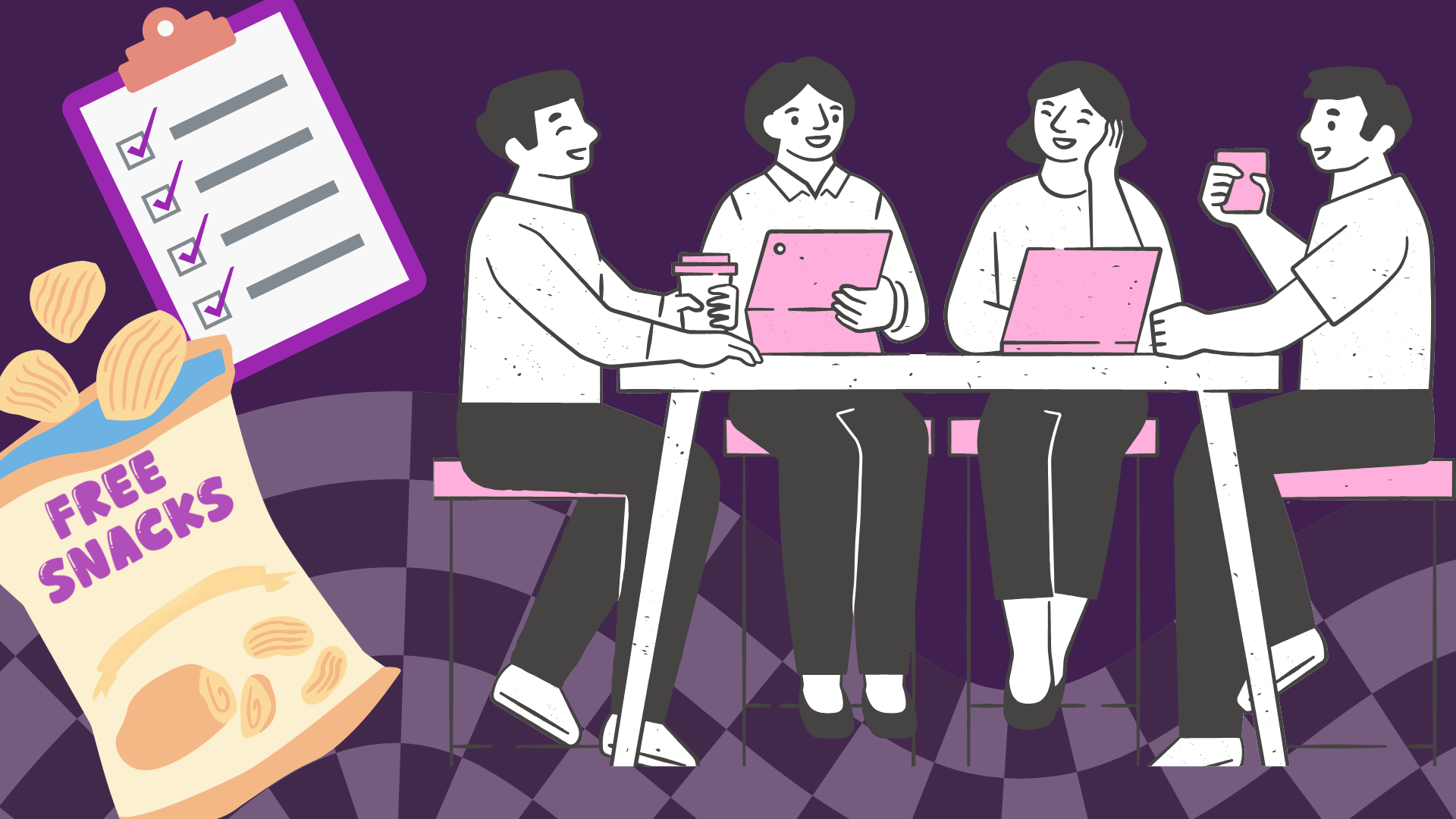 four students study and chat on a table with free snacks and a to do list
