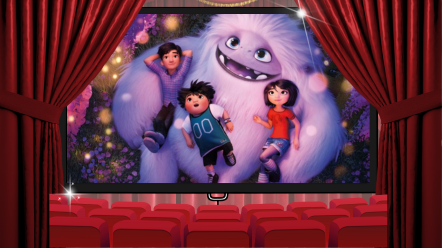 a movie poster of Abominable surrounded by a cartoon theater with red curtains