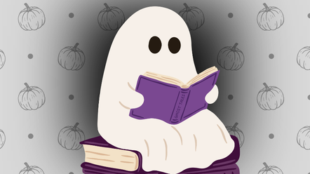 A drawing of a ghost reading a book