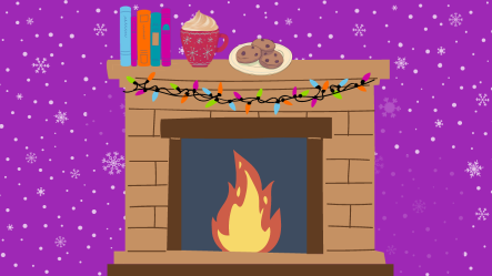 cartoon of a fireplace with mugs of hot drinks and a stack of books