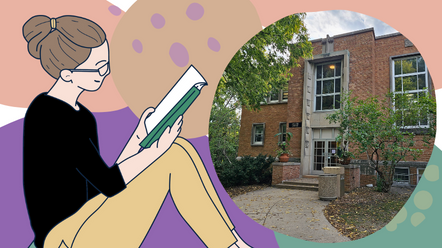 A picture of a brick building next to a cartoon drawing of a girl reading