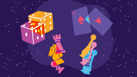 cartoon dice, cards, chess, and game pieces on a purple background