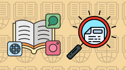 a cartoon book and magnifying glass