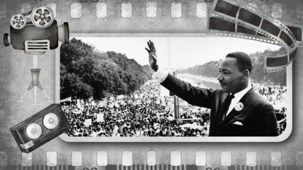 black and white image of MLK jr surrounded by film making equipment 