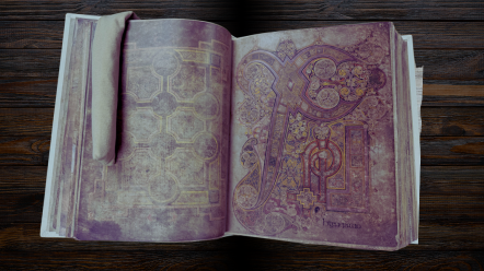 a page from the book of kells with a decorated p on one side of the book 