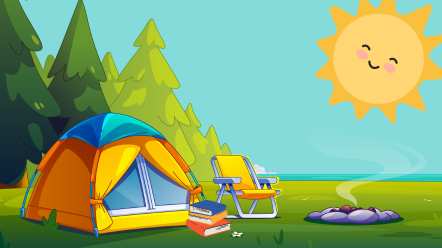 a campsite with a yellow tent, big trees, and a fire pit