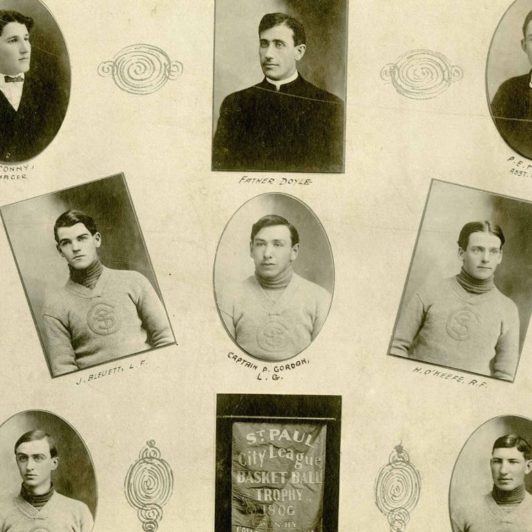 Yearbook page of the basketball team, Philip Gordon in center of page with title of team captain